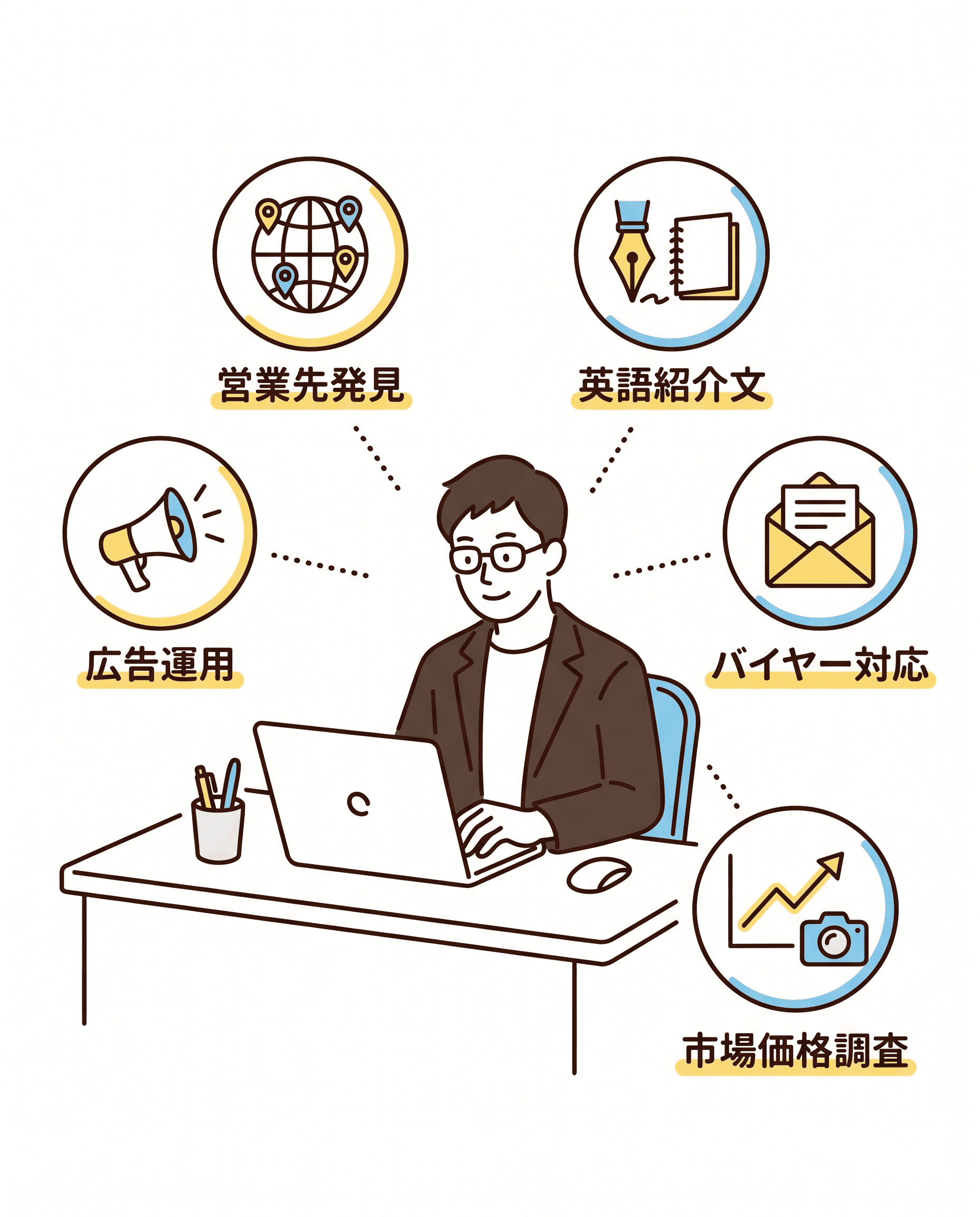 ひとり社長と AI 社員たちのイラスト